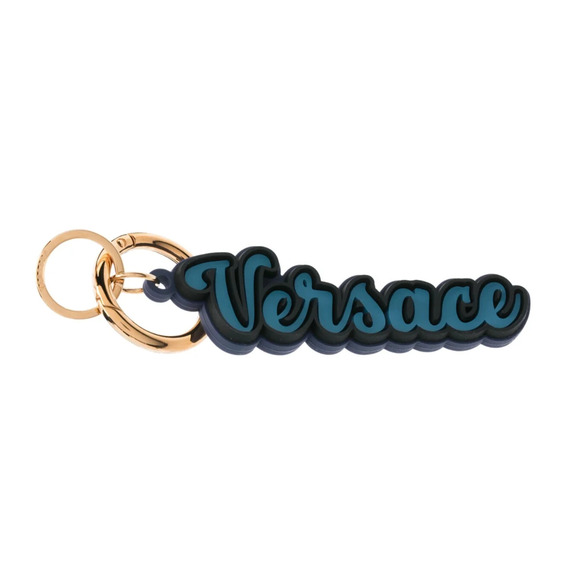 Versace Unisex Key Ring Gold Round Blue Silicone Charm Logo Key Chain NWT $225 - Picture 2 of 10